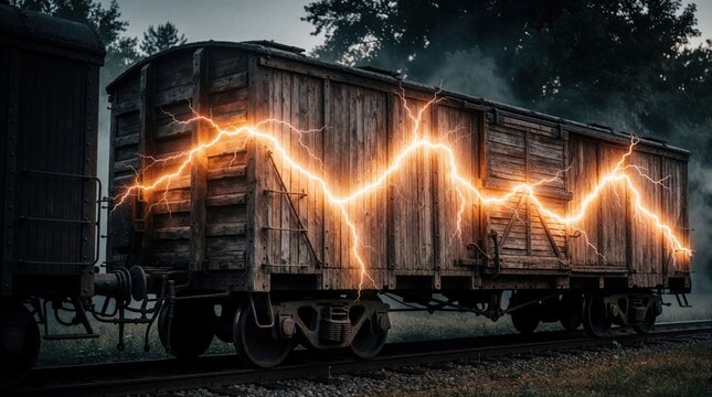 Old wooden boxcar on railway track. Electrical energy surges through its side creating bright orange lightning. Moody, dark forest atmosphere in background. Spooky, mysterious transport scene.