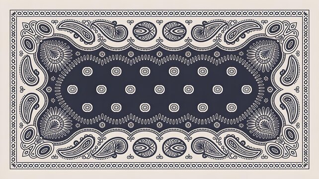 Black and white bandana pattern with traditional paisley and decorative floral motifs