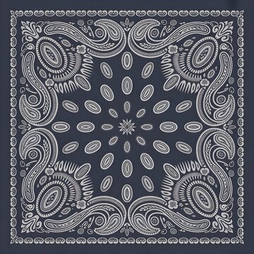 Traditional dark blue and white paisley bandana pattern with intricate vintage textile design elements