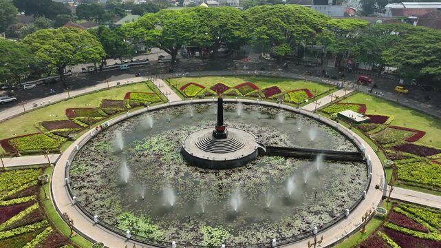 Aerial view of Alun-Alun Tugu Malang with central monument, fountain, and gardens