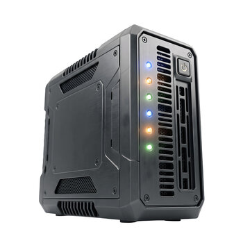 Compact mini PC tower case with colorful glowing LED indicator lights