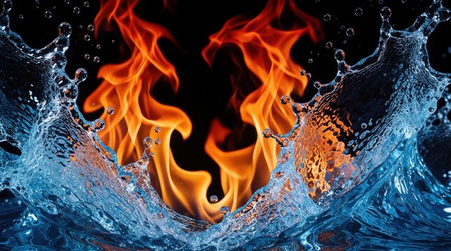 Fiery flames meet splashing water in dramatic contrast. Intense orange fire burns brightly beside clear blue liquid. Dynamic motion captures powerful interaction of hot, cold elements. Represents