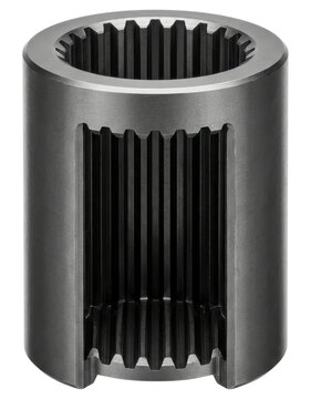 Metal internal spline sleeve gear component cutout on transparent background