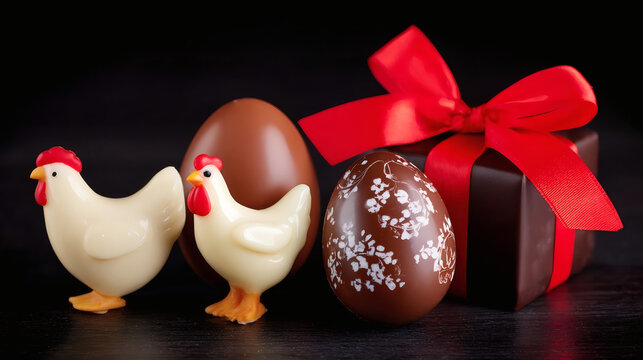 Chocolate Easter eggs and chickens with a gift box and red ribbon on black background. Festive holiday composition for Easter celebration.