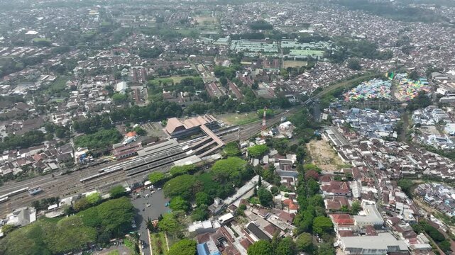 Aerial view of Malang Train Station and surrounding urban area in daylight, Java