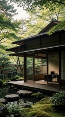 Obraz premium Traditional Japanese tea house interior repurposed as minimalist home office. Laptop on desk in room overlooking lush green zen garden and water pond. Peaceful workspace blend nature serenity.