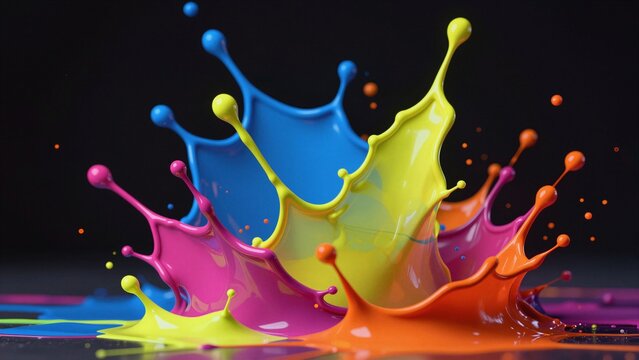 Dynamic abstract splatter art featuring vivid paint droplets bursting against a dark background, capturing motion and color intensity.