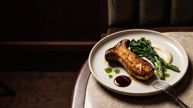 Pan seared king oyster mushroom steak served with grilled broccolini pureed puree and gourmet sauces on a round ceramic plate in a dark fine dining restaurant atmosphere