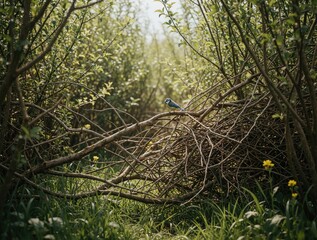 Obraz premium Blue tit bird perches on tangled branches in a dense green thicket with yellow flowers. Overgrown natural environment provides shelter for wildlife.