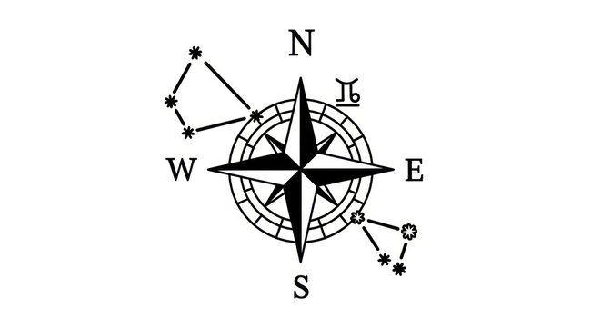 Navigation compass with directional stars.