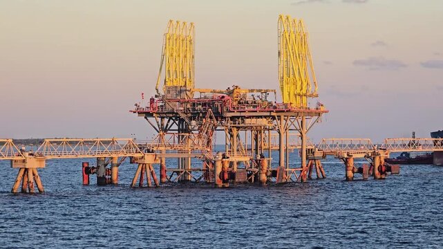 Close shot of offshore industrial oil terminal platform stands in the blue ocean during sunset. Large yellow loading arms connect to a pier structure while a small boat navigates nearby