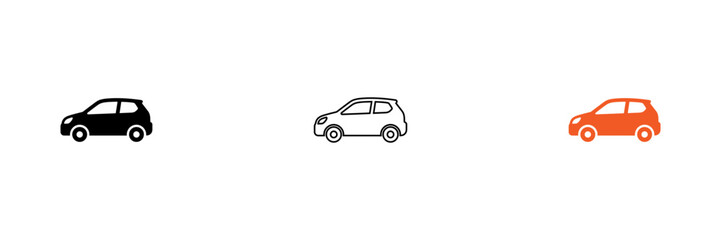 Fototapeta premium Three simple stylized cars in different colors driving on a flat road isolated on transparent background, Vector