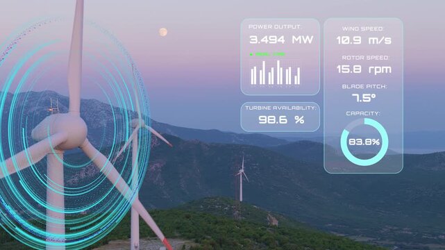 Futuristic digital interface monitoring wind turbine performance in a mountain landscape at dusk. High-tech UI overlay showing real-time renewable energy metrics and power output