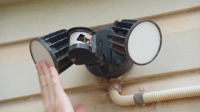 Close up of hand inspecting a damaged outdoor motion sensor security light as the brittle plastic cover breaks. Home maintenance, property inspection, ageing infrastructure and insurance claim concept
