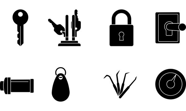 Locksmith tools and security key silhouettes with lock picks, padlock, key cutting machine, lock cylinder, door handle and dial
