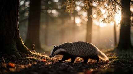 Obraz premium Badger walks on forest floor at sunset light. Wild animal moves through trees with sun rays. Woodland creature with striped face searches ground.