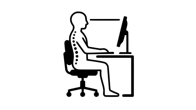 Illustration showing correct ergonomic posture for a person working at a computer desk in an office