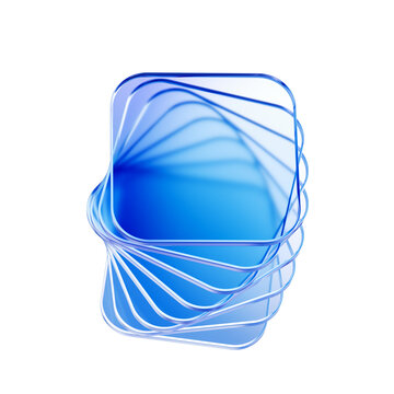 Stack of rounded blue glass panels isolated on white. Represents layered security, digital filtering processes, or multi-level corporate structures for tech ads. 3d rendering