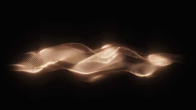 Dynamic golden particle surface wave on dark background. Elegant digital energy flow for premium corporate branding, futuristic audio visualization or luxury media design element 3d rendering