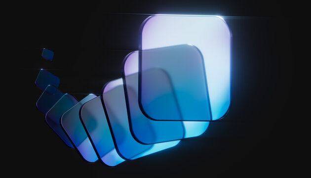 Dynamic curve of glowing blue glass tiles on black background. Ideal for visualizing fast data streaming, high-speed internet connections, and modern gaming technology banners. 3d rendering