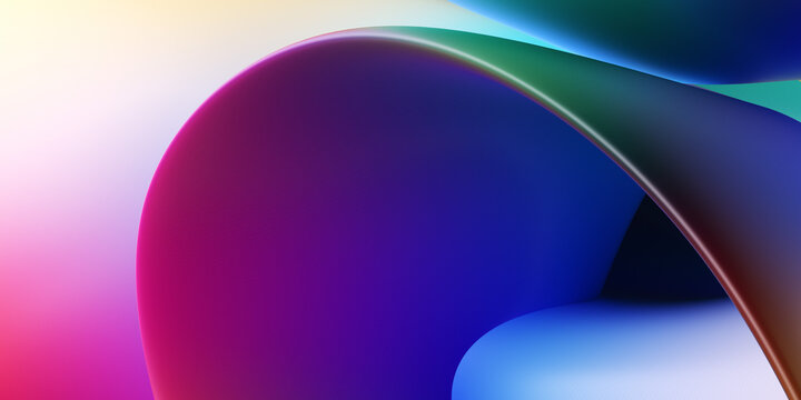 Macro 3d rendering of soft flowing ribbon with beautiful rainbow gradient and shadow. Abstract minimalist background. Vibrant pink and purple fluid glass curl.