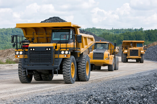 Construction vehicles move gravel on dirt road