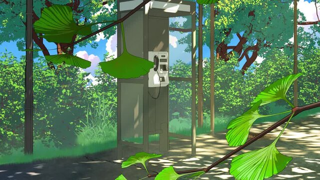 Phone booth and summer trees