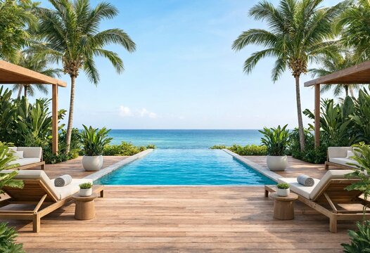 Stunning luxury tropical infinity pool deck overlooking the tranquil blue ocean under a clear sunny sky