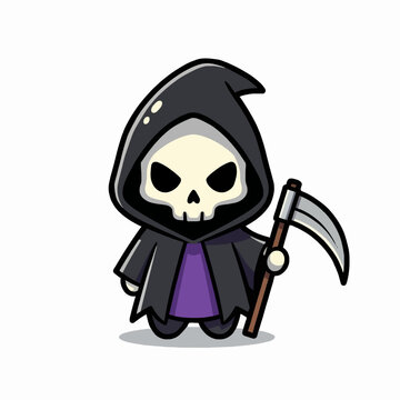 Cute chibi grim reaper illustration wearing a black hood and holding a scythe for Halloween.