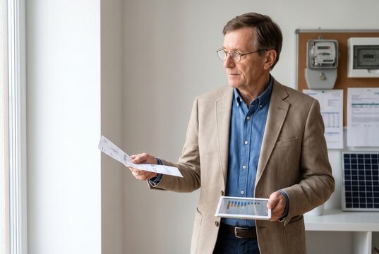 Senior man holding energy bill and tablet showing data, with smart meters and solar panel