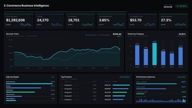 Sophisticated dark-mode e-commerce business intelligence dashboard animation showcasing key performance indicators and visual data analytics for corporate presentations and online business insights.