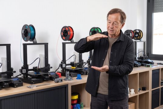 Senior man explaining additive manufacturing process in a makerspace with multiple 3d printers