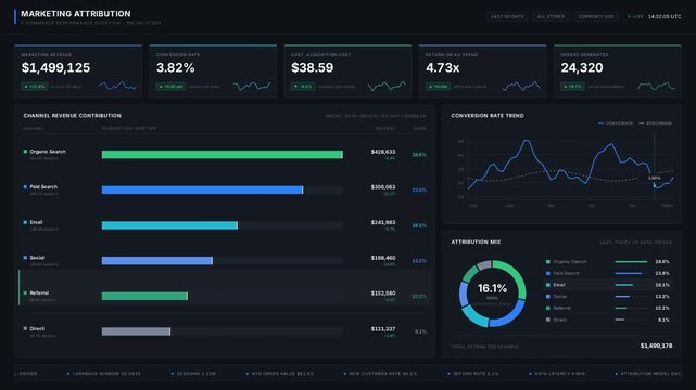 E-commerce marketing attribution dashboard visualizing the impact of various channels on online sales with dynamic KPI cards and engaging analytics graphics in a dark corporate style.
