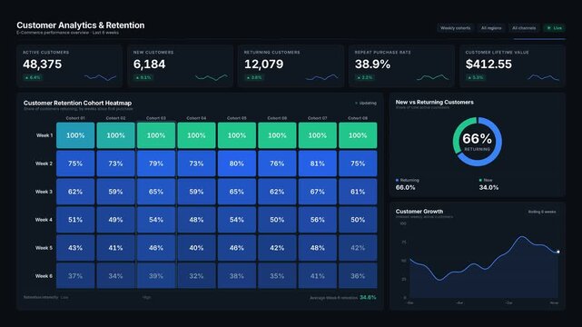 Explore a dark-mode e-commerce customer analytics dashboard showcasing key metrics like active customers, retention, and engagement through a dynamic heatmap and charts.