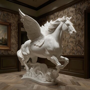 Majestic white marble pegasus statue featuring intricate feathered wings and muscular anatomy stands gracefully captured in soft warm museum lighting