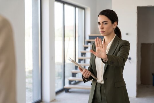 Female professional businesswoman holding documents, showing a stop sign gesture in an unfinished house