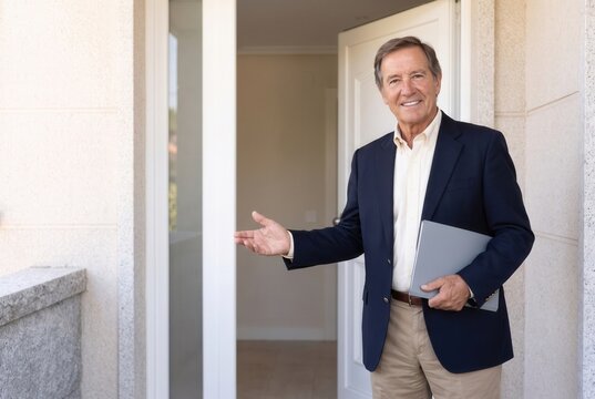 Senior real estate agent smiling and inviting people into an open house