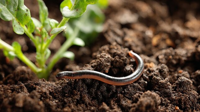 Earthworm crawls across dark nutrient rich garden soil during a bright day captured with sharp macro focus and natural lighting