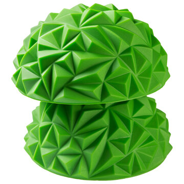 Two green textured balance pods stacked together isolated on white background. Foot massage hemisphere for fitness and physiotherapy close up