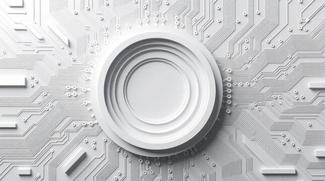 Minimalist white circuit board with concentric circle. Clean digital abstract tech background design. Modern pattern for futuristic concepts. Simple geometric layout.