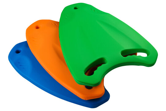 Set of colorful swimming kickboards isolated on white background. Green, orange and blue foam float boards with hand grips top view