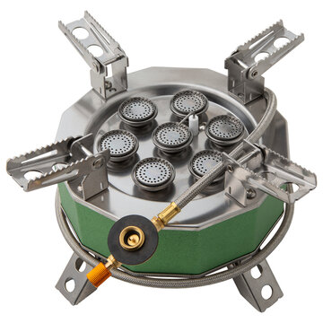 High power 7 burner portable camping gas stove with hose isolated on white background. Heavy duty outdoor cooking burner stove studio shot
