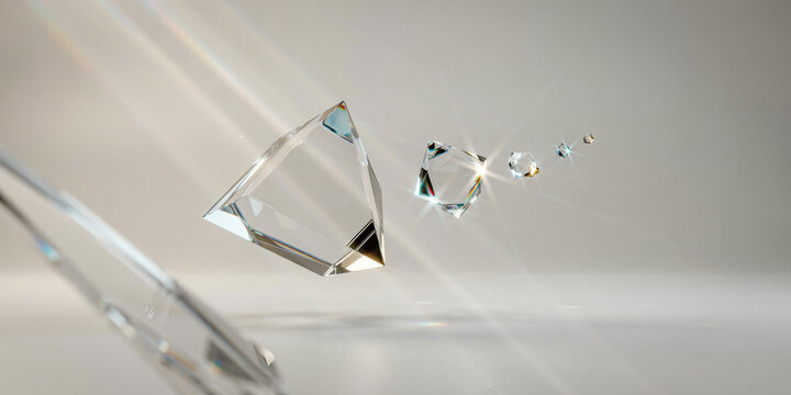 Sharp triangular crystal prism and small diamonds floating with light rays effect