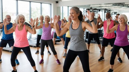 Fototapeta premium Energetic senior adults participate in lively group fitness class. Diverse group smiles, moves to music with instructor in bright modern gym studio. Pursuing healthy lifestyle for active aging,