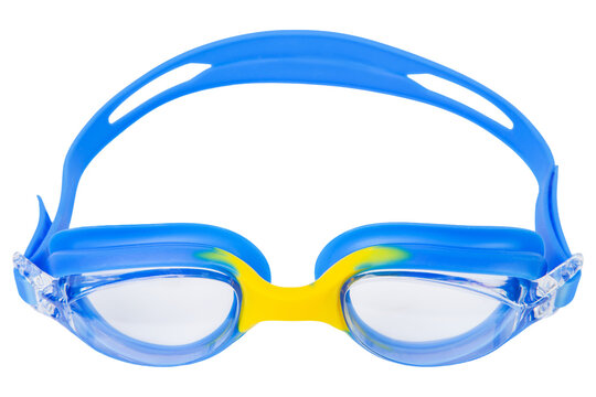 Blue and yellow swimming goggles isolated on white background. Protective swim eyewear for pool training front view studio shot