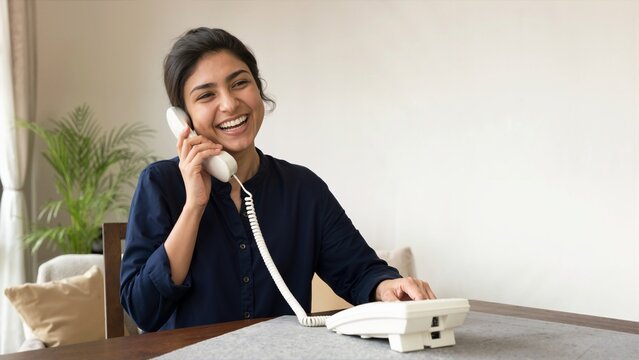 Cheerful young woman laughing while talking on a white landline telephone. Happy female sitting at a table during a phone conversation. Joyful communication and domestic lifestyle concept