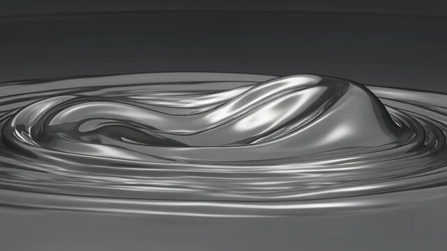 Fluid silver waves ripple and swirl in a seamless motion, creating dynamic shapes and reflections on a dark surface, showcasing continuous movement and transformation
