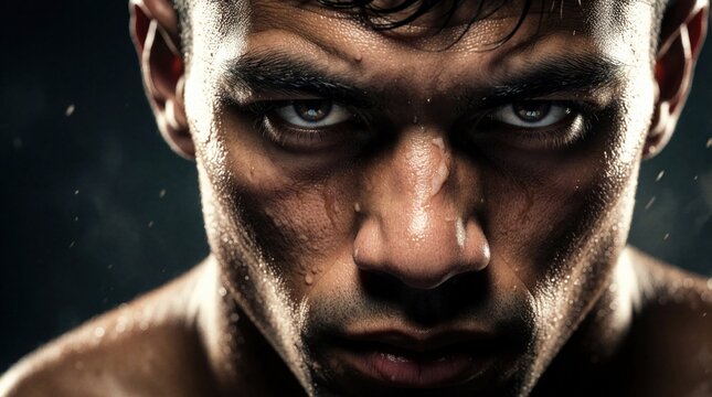 Sweaty boxer face intense stare. Fighter sweats, shows determination after hard training session. Athlete focused, ready for combat, powerful muscles evident. Fierce gaze shows warrior spirit.