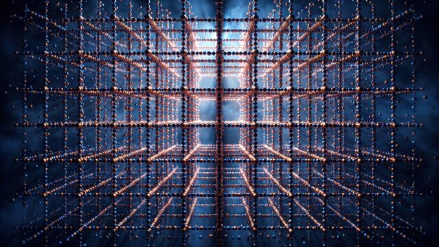 Abstract Digital Grid Structure with Glowing Lines and Dark Background.