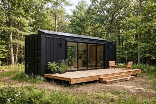 Angled view of a modern black shipping container house surrounded by trees